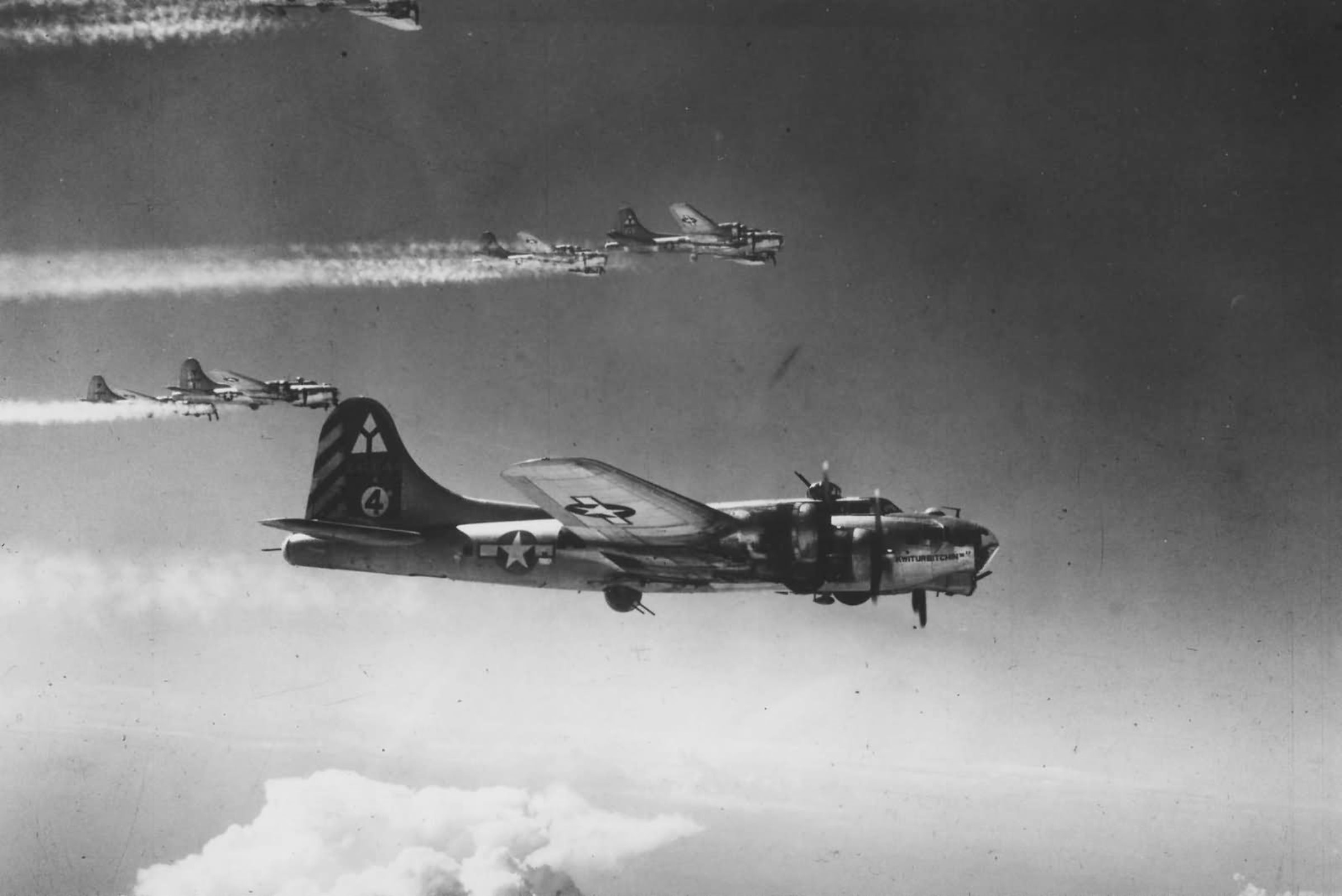 B-17 Flying Fortresses assigned to the 97th Bombardment Group fly into formation during World War II. (Photo courtesy of Airman Air Museum)